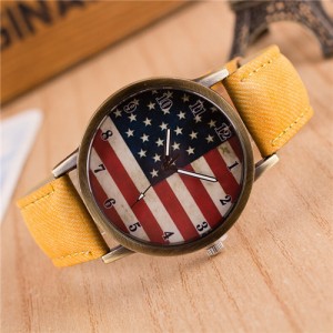 Vintage U.S. National Flag Dial with Jean Wrist Band Design Fashion Watch - Yellow