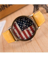 Vintage U.S. National Flag Dial with Jean Wrist Band Design Fashion Watch - Yellow