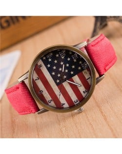 Vintage U.S. National Flag Dial with Jean Wrist Band Design Fashion Watch - Red