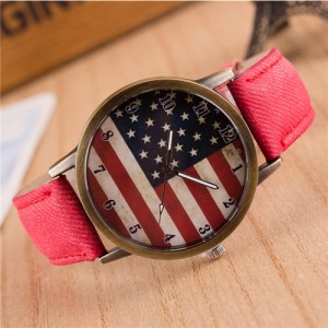 Vintage U.S. National Flag Dial with Jean Wrist Band Design Fashion Watch - Red