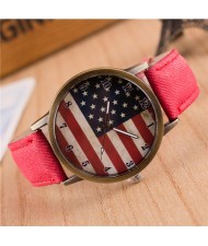 Vintage U.S. National Flag Dial with Jean Wrist Band Design Fashion Watch - Red