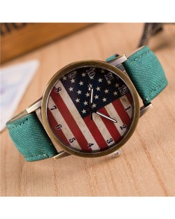 Vintage U.S. National Flag Dial with Jean Wrist Band Design Fashion Watch - Green