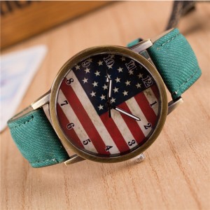Vintage U.S. National Flag Dial with Jean Wrist Band Design Fashion Watch - Green