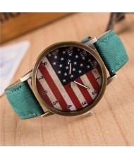 Vintage U.S. National Flag Dial with Jean Wrist Band Design Fashion Watch - Green