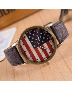 Vintage U.S. National Flag Dial with Jean Wrist Band Design Fashion Watch - Black