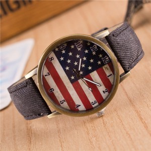 Vintage U.S. National Flag Dial with Jean Wrist Band Design Fashion Watch - Black