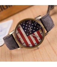 Vintage U.S. National Flag Dial with Jean Wrist Band Design Fashion Watch - Black