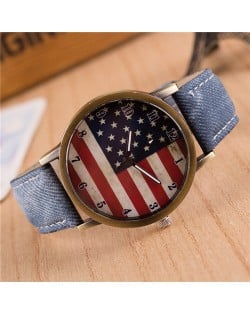 Vintage U.S. National Flag Dial with Jean Wrist Band Design Fashion Watch - Jean Blue