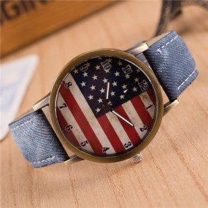 Vintage U.S. National Flag Dial with Jean Wrist Band Design Fashion Watch - Jean Blue