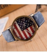 Vintage U.S. National Flag Dial with Jean Wrist Band Design Fashion Watch - Jean Blue