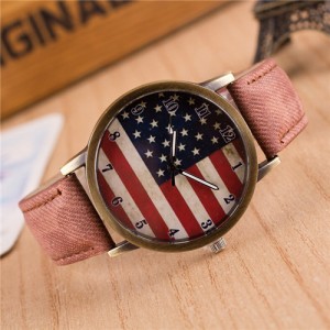 Vintage U.S. National Flag Dial with Jean Wrist Band Design Fashion Watch - Brown