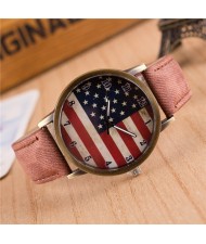 Vintage U.S. National Flag Dial with Jean Wrist Band Design Fashion Watch - Brown
