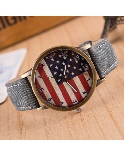 Vintage U.S. National Flag Dial with Jean Wrist Band Design Fashion Watch - Jean Gray