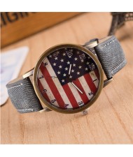 Vintage U.S. National Flag Dial with Jean Wrist Band Design Fashion Watch - Jean Gray