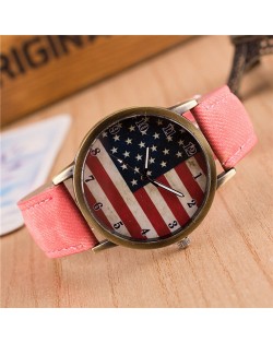 Vintage U.S. National Flag Dial with Jean Wrist Band Design Fashion Watch - Pink