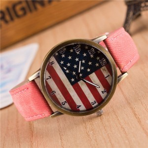 Vintage U.S. National Flag Dial with Jean Wrist Band Design Fashion Watch - Pink