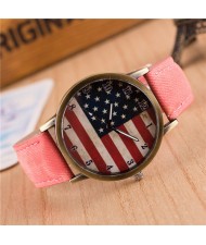 Vintage U.S. National Flag Dial with Jean Wrist Band Design Fashion Watch - Pink