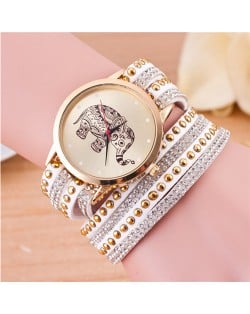 Folk Style Elephant with Multi-layers Beads and Studs Decorated Leather Women Fashion Bracelet Watch - White