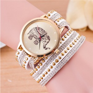 Folk Style Elephant with Multi-layers Beads and Studs Decorated Leather Women Fashion Bracelet Watch - White