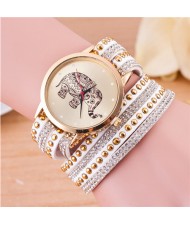 Folk Style Elephant with Multi-layers Beads and Studs Decorated Leather Women Fashion Bracelet Watch - White