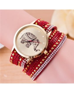 Folk Style Elephant with Multi-layers Beads and Studs Decorated Leather Women Fashion Bracelet Watch - Red