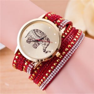 Folk Style Elephant with Multi-layers Beads and Studs Decorated Leather Women Fashion Bracelet Watch - Red