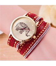 Folk Style Elephant with Multi-layers Beads and Studs Decorated Leather Women Fashion Bracelet Watch - Red