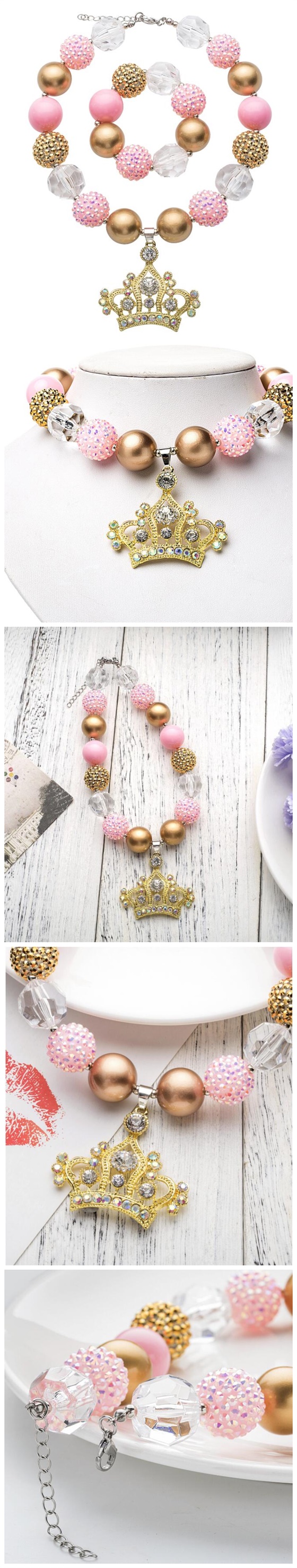 JewelryBund Delicate Crown Pendant Cute Beads Fashion Baby Girl Necklace and Bracelet Jewelry Set
